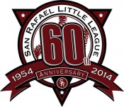 San Rafael Little League 60th anniversary logo with baseball stitching, years 1954 and 2014, and a maroon and white color scheme.