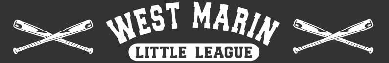 White text reading “West Marin Little League” is displayed on a dark background, with two crossed baseball bats on each side of the lettering.