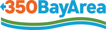 Logo for 350 Bay Area with "350" in orange, "BayArea" in blue, and a green and blue wave graphic underneath.