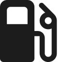 A simple black and white icon of a fuel pump with a hose and nozzle, commonly used to represent a gas station or refueling.