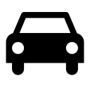 A simple black silhouette icon of a car viewed from the front, showing the windshield, headlights, and wheels, on a light gray background.