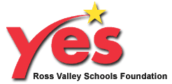 Logo for the Ross Valley Schools Foundation, featuring the word "yes" in bold red letters with a yellow star above the "y" and the foundation name written below.