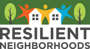 Logo with three colorful human figures holding hands over two houses, flanked by trees, above the bold text "Resilient Neighborhoods" on a green background.